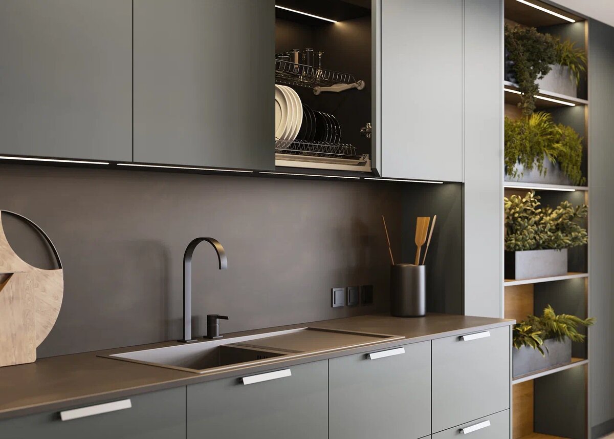 Кухня матовая со стеллажной системой «Кадро» (арт. 292)