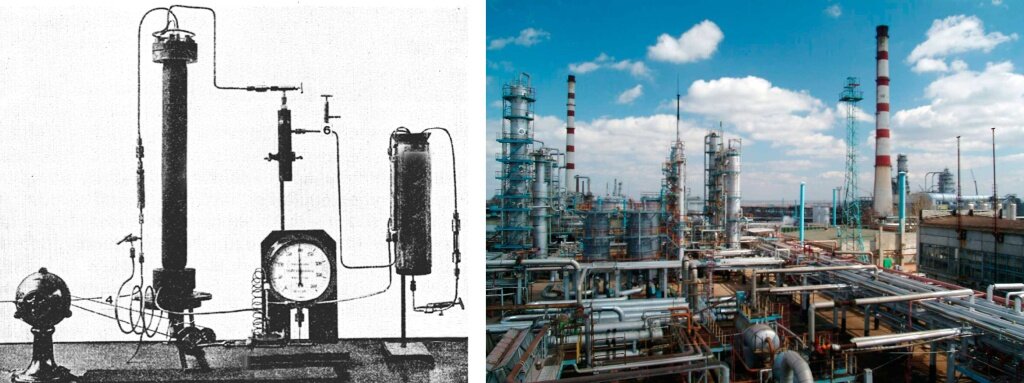1. Экспериментальная установка Габера и современный завод по производству аммиака