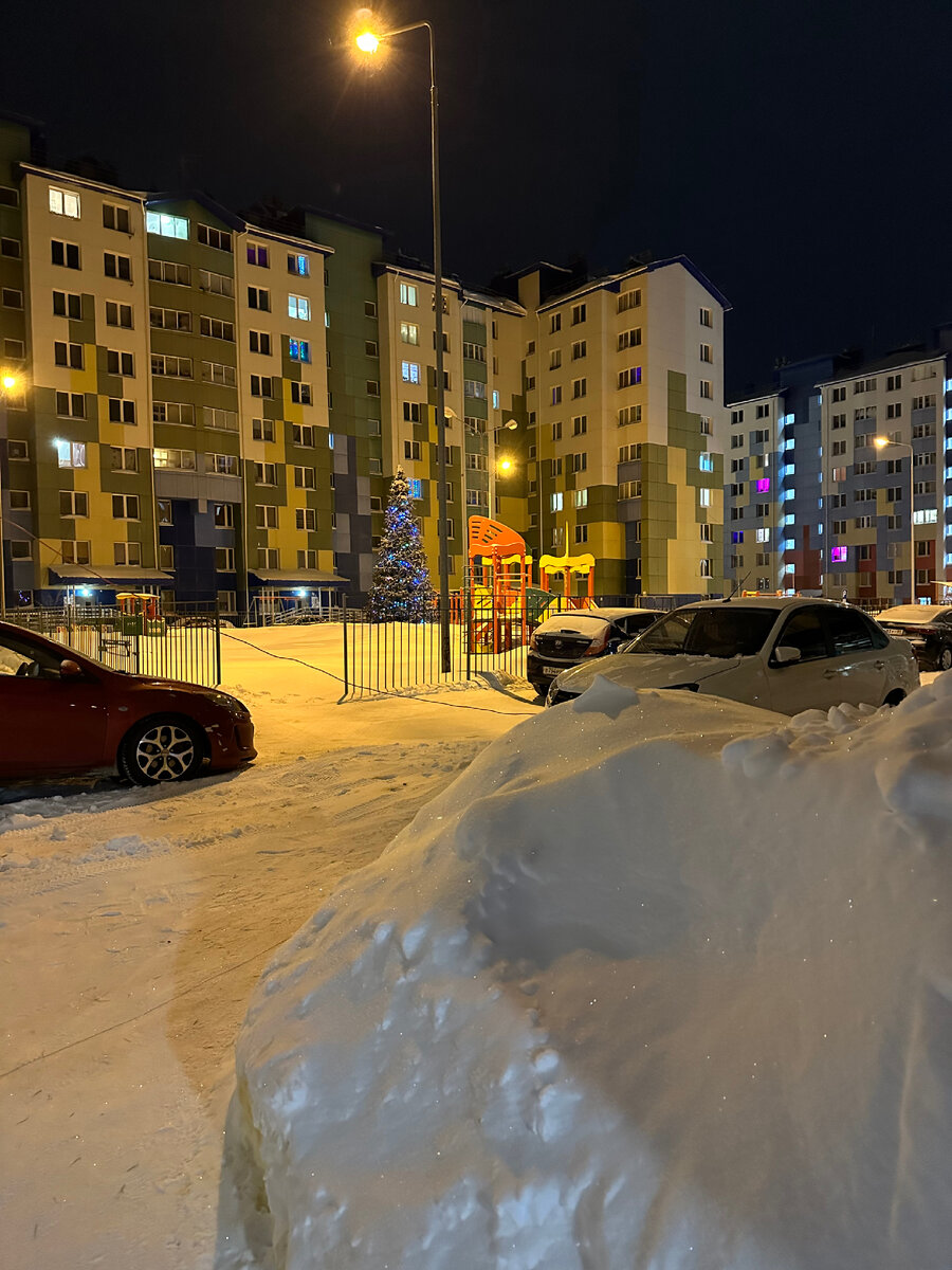 В глубине двора, в середине детской площадки, елка переливается огоньками гирлянды. 