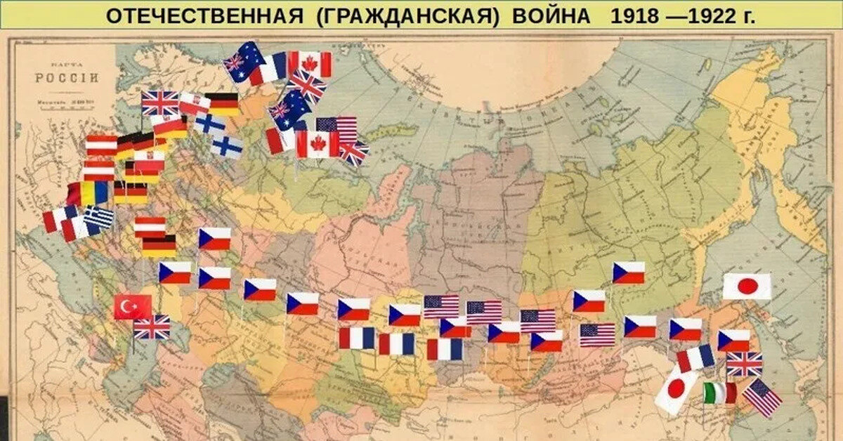 Карта иностранной интервенции. Все кому не лень хотели воспользоваться нашей гражданской войной.