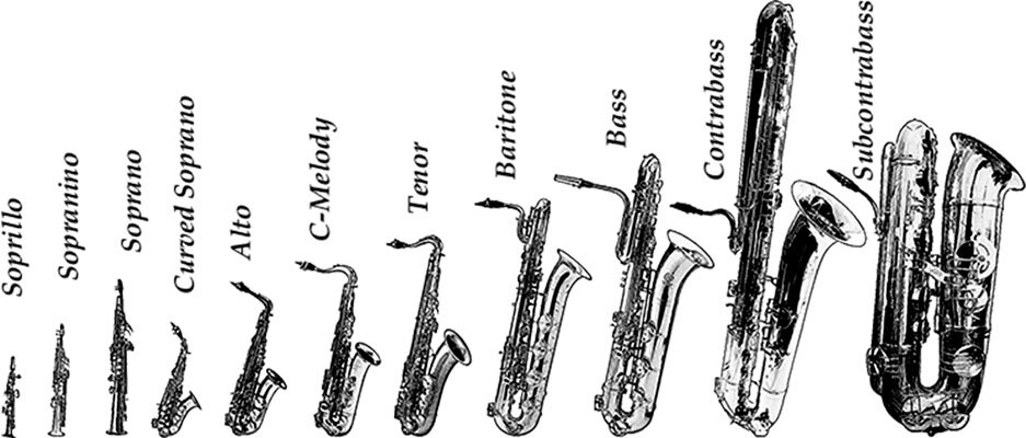 Короткий саксофон. Саксофон тенор, Альт, сопрано. Чертеж саксофона тенор.