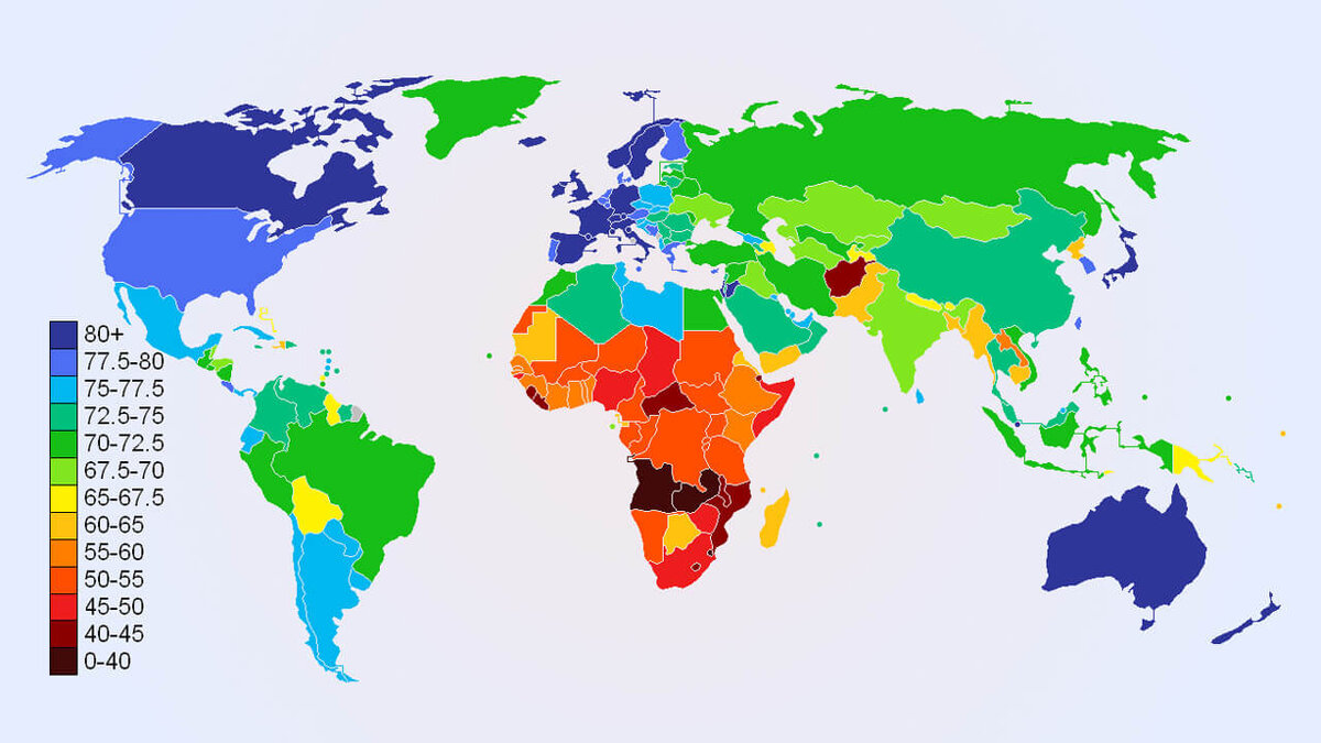 Карта средней продолжительности жизни в мире.