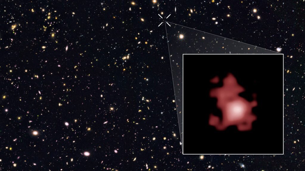    This image shows the position of the most distant galaxy discovered so far within a deep sky Hubble Space Telescope survey called GOODS North (Great Observatories Origins Deep Survey North). The survey field contains tens of thousands of galaxies stretching far back into time. The remote galaxy GN-z11, shown in the inset, existed only 400 million years after the Big Bang, when the Universe was only 3 percent of its current age. It belongs to the first generation of galaxies in the Universe and its discovery provides new insights into the very early Universe. This is the first time that the distance of an object so far away has been measured from its spectrum, which makes the measurement extremely reliable. GN-z11 is actually ablaze with bright, young, blue stars but these look red in this image because its light was stretched to longer, redder, wavelengths by the expansion of the Universe. Александр Шереметьев
