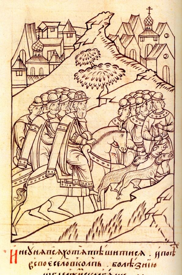 «Утром же во вторник была прекрасная погода, чтобы поохотиться...» Миниатюра. Лицевой летописный свод. XVI в.