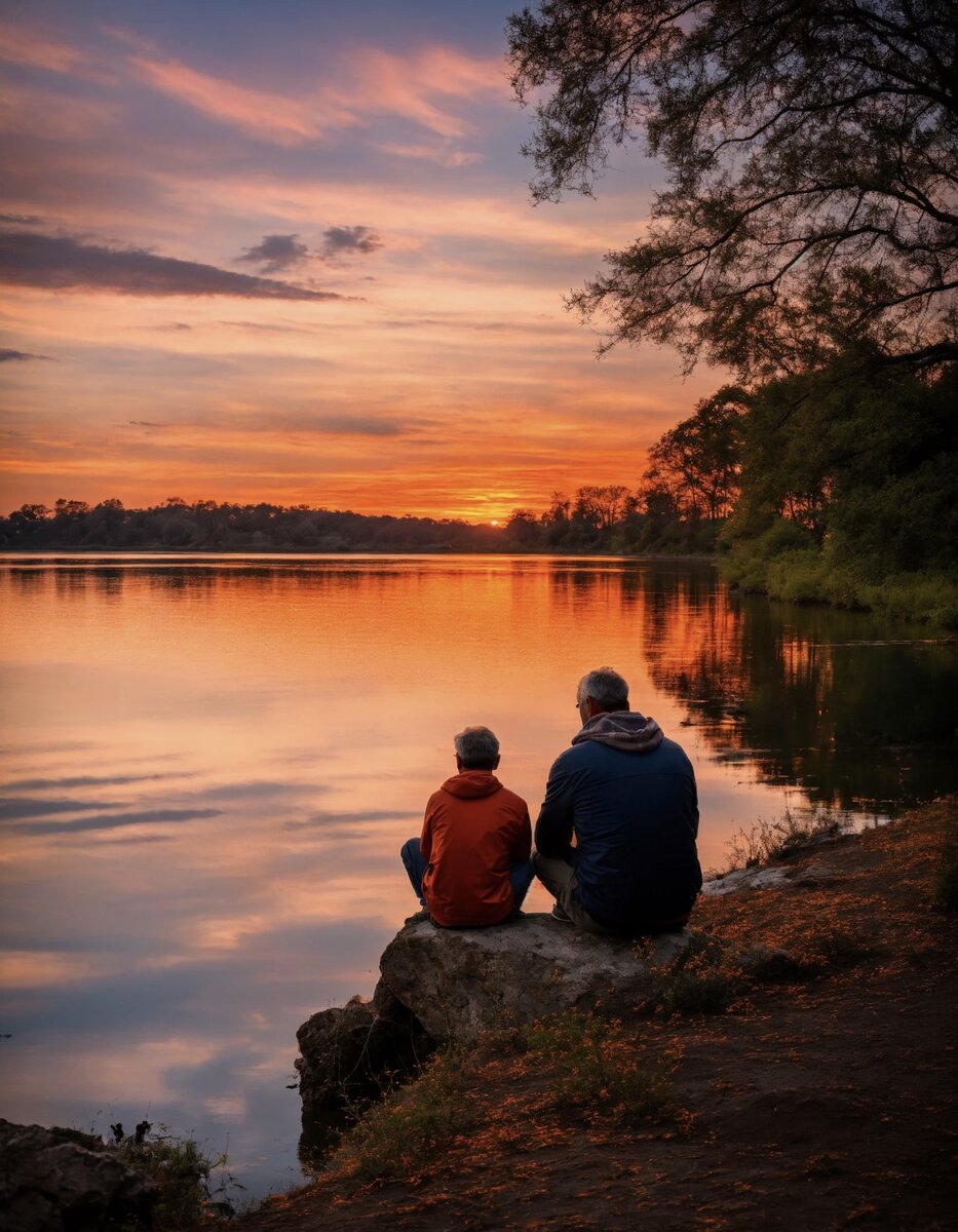 Мы сидели на склоне лесной горы и любовались лучами заката заигравшиеся в воде "голубого озера"