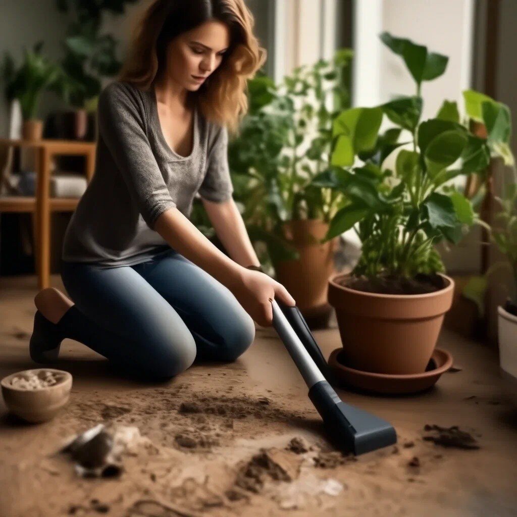 Женщина пылесосит грунт от разбитого цветочного горшка