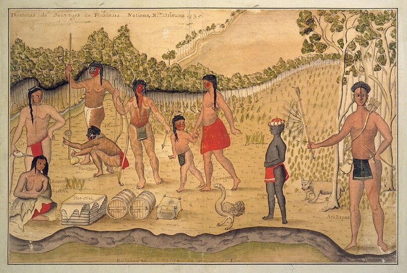 Изображение юго-восточных и северных индейцев и ребенка-африканца. Де Бац, 1735 год