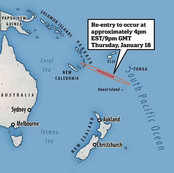 На карте показана предполагаемая зона падения Peregrine One. (Источник изображения: MailOnline)