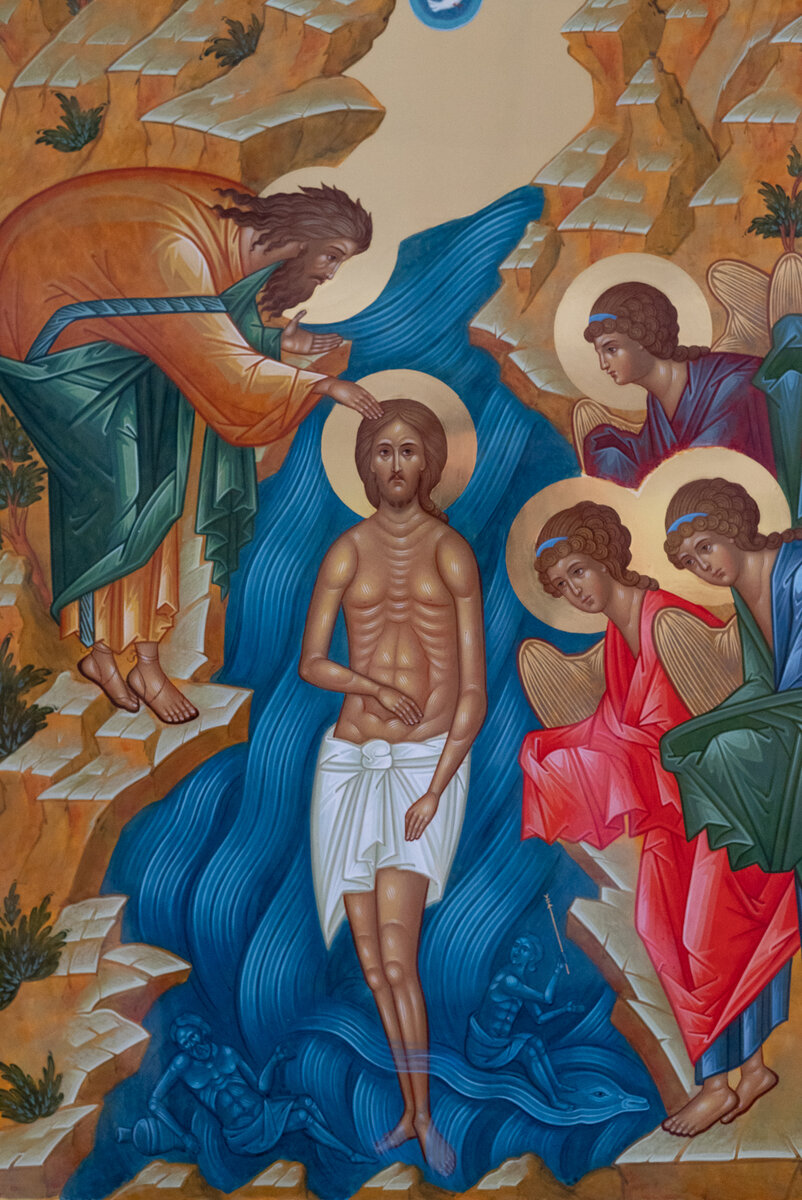 Рукописная икона "Крещение Господне". Работа мастерской "Палехский Иконостас"