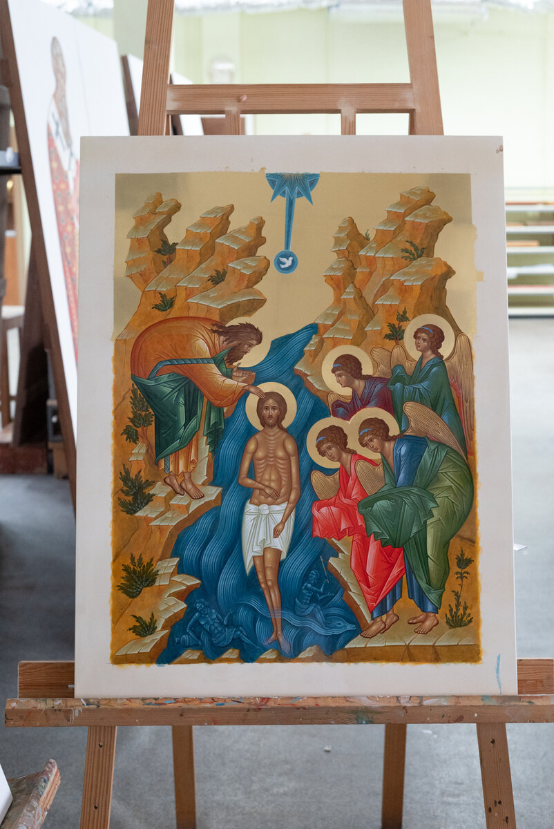 Рукописная икона "Крещение Господне". Работа мастерской "Палехский Иконостас"