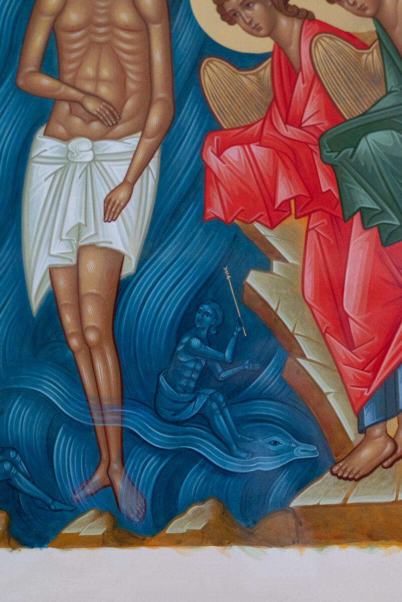 Рукописная икона "Крещение Господне". Работа мастерской "Палехский Иконостас"