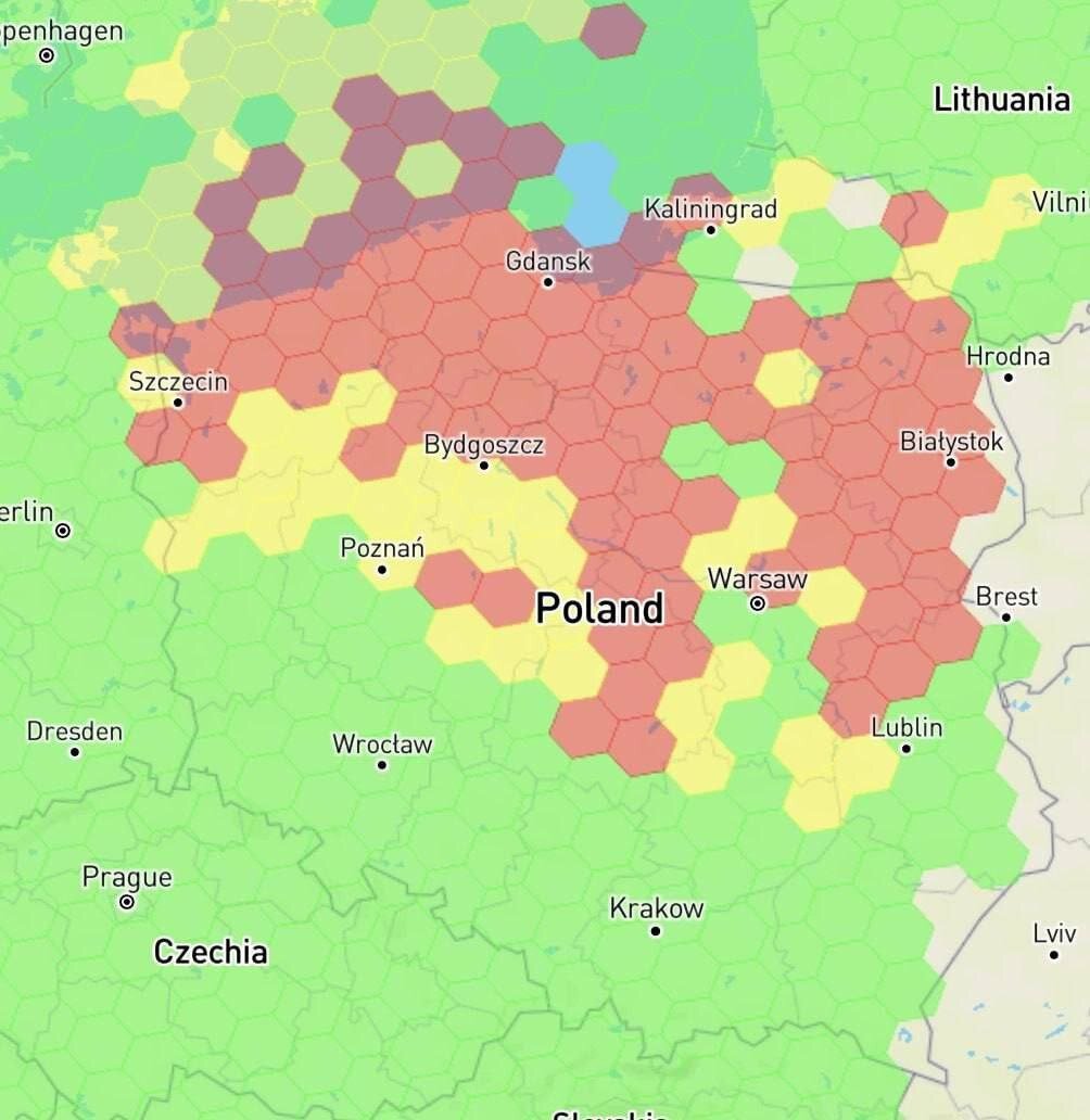 Тематическая карта с зонами работы GPS на территории Польши