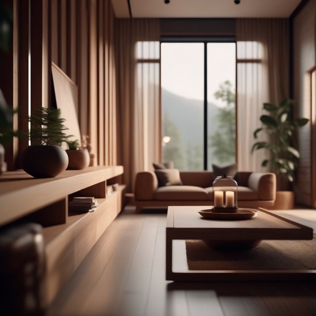 Интерьеры в стиле джапанди с элементами бохо (изображения сгенерированы нейросетью)