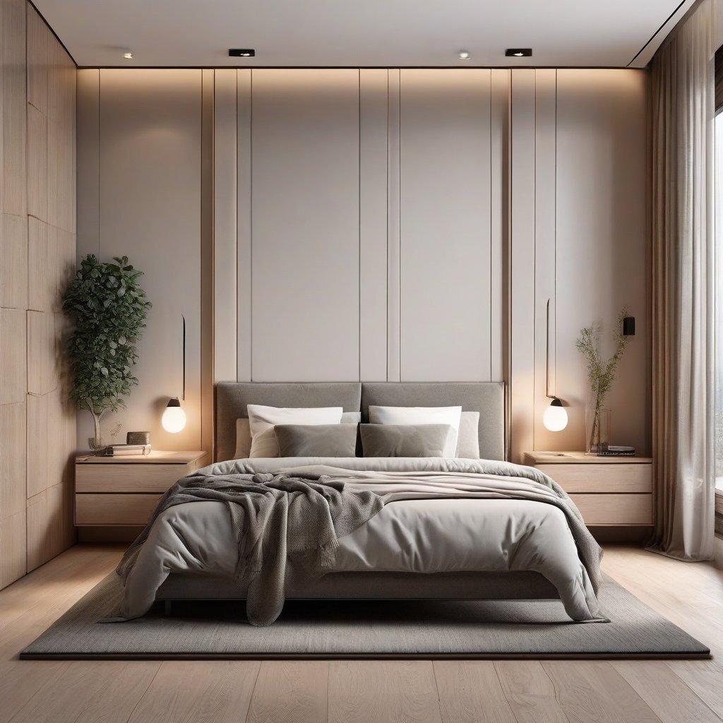 Трендовый интерьер спальни в 2024 году - кровать, панорамное окно и ничего лишнего (изображение сгенерированы нейросетью)