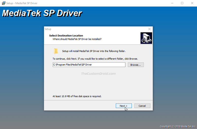 Мастер InstallShield предложит вам выбрать папку назначения, в которую следует установить драйверы USB. По умолчанию они устанавливаются в папку « C:\Program Files\MediaTek\SP Driver ». Если вы хотите изменить папку, вы можете сделать это, нажав « Обзор ».

