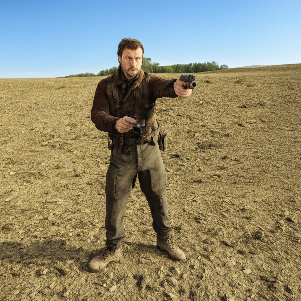 Выдача по промпту: "Темно-изумрудный фон, shooting pistol looking straight to the viewer."