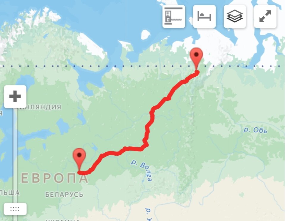 Маршрут(примерный) Гагарин(Смоленская область) - Инта(сейчас Республика Коми, тогда Коми АССР). 2312 км(по другим данным 2219км. А скромные синенькие точечки в верхней части карты - это не что иное, как Северный полярный круг(66°33'44"с.ш.). Широта Инты - 66°01'54".