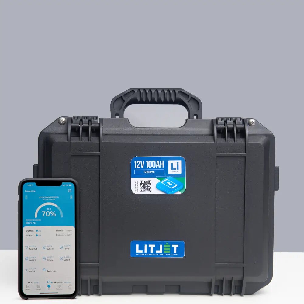 Литиевый аккумулятор тяговый LITJET SMART LiFePO4 12V 100Ah 1280Wh in strongcase w Bluetooth