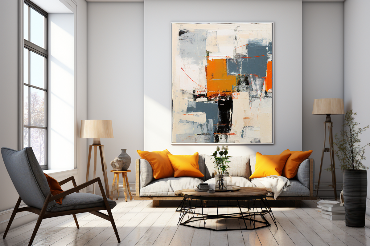 Яркий текстиль подушек играет в тон картины на стене в металлической раме с добавками декоров из дерева и камня.