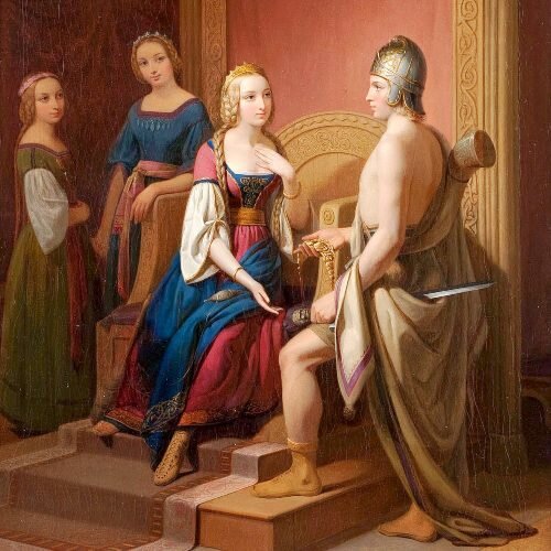 Фрейя на картине шведского художника Нильса Бломмера «Хеймдалль возвращает Брисингамен Фрейе» (1846 г.). Изображение: thevoiceoffashion.com