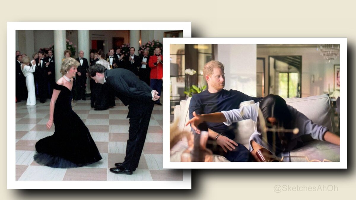 На коллаже: слева - принцесса Диана и Джон Траволта на званном ужине в Белом Доме в 1985, справа - кадр и сериала Netflix "Гарри и Меган", где Меган рассказывает о том, как сделала первый свой реверанс для Елизаветы II