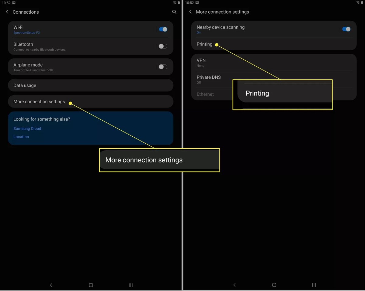 Перейдите в раздел Подключения > Дополнительные настройки подключения и нажмите Печать.
