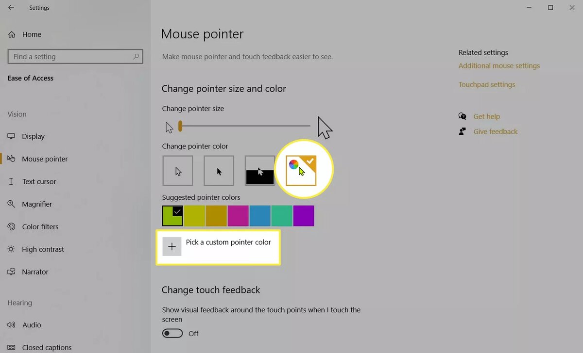 Выберите плитку Пользовательский цвет, чтобы открыть ряд цветных Предложенные цвета указателя.