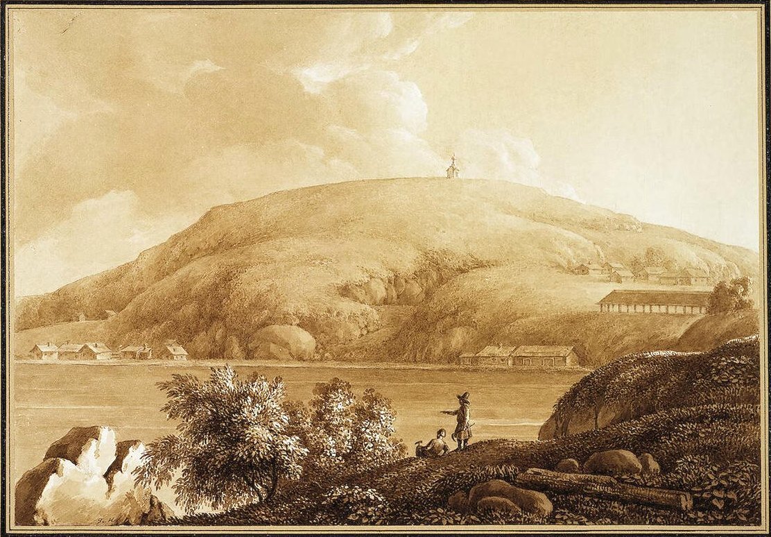Нижнетагильский заводской пруд и Лисья гора, 1826 год. Рисунок Г. П. Гельмерсена