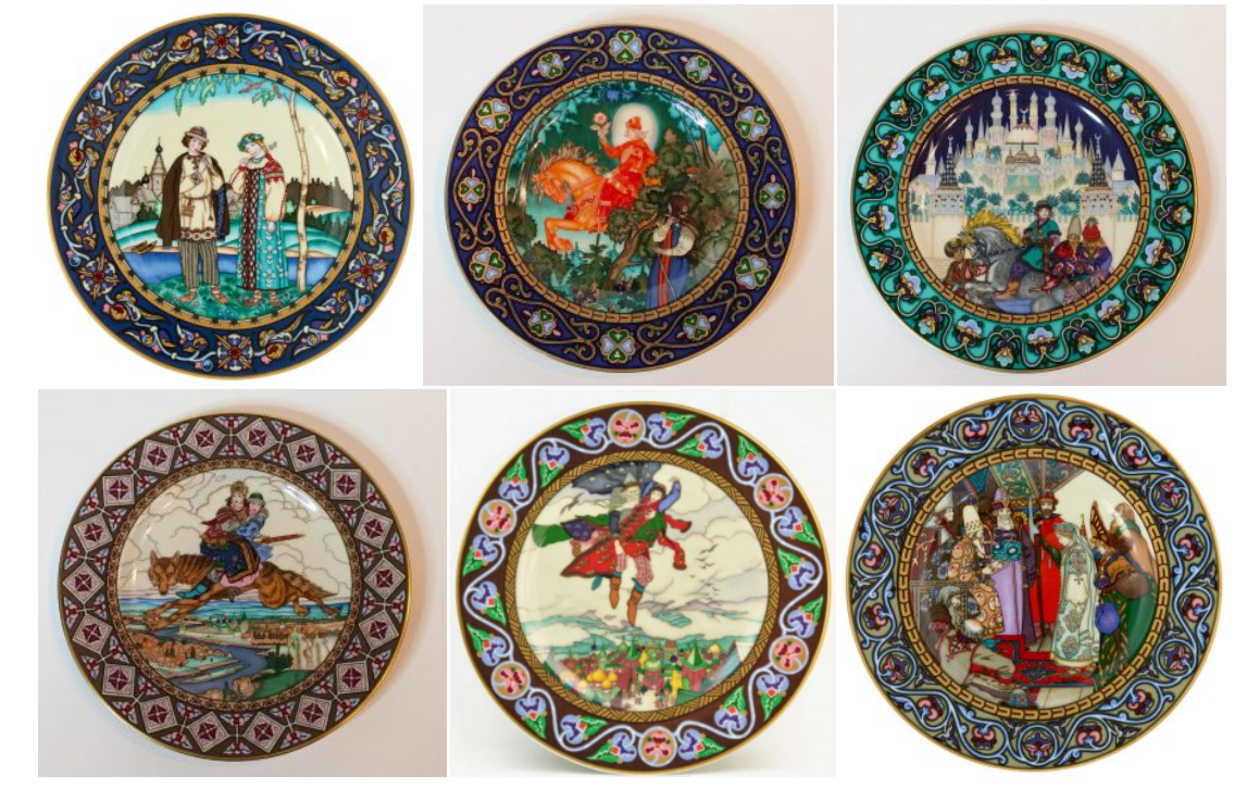 Тарелки с рисунками художника Бориса Зворыкина.