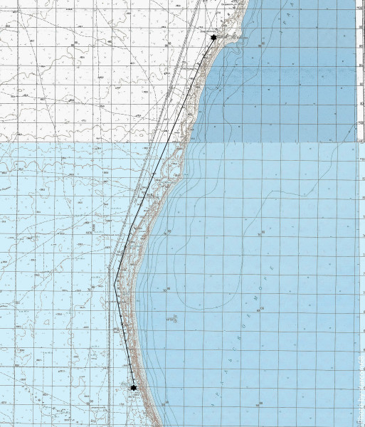 Фрагмент листа топокарты L-40-117 и L-40-105 c участком пути между урочищами Кассарма до спуска с чинка к мысу Кеинчияк