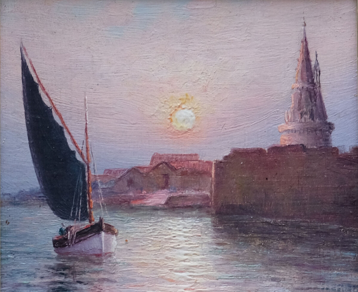 Неизвестный художник. Ночная гавань. Дерево, масло.