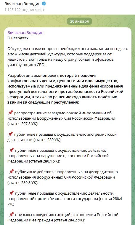 Скриншот телеграм-канала Вячеслава Володина