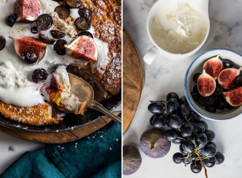 Яркий кадр с кусочками слив и винограда, готовых украсить наш блинчик