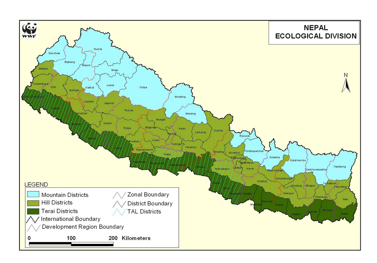 Карта экологических зон Непала с указанием территории тераев.