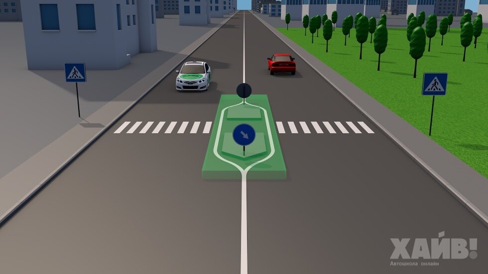 Зеленым выделена зона островка безопасности. Он разделяет дорогу пополам, отделяясь от проезжей части разметкой или бордюром.