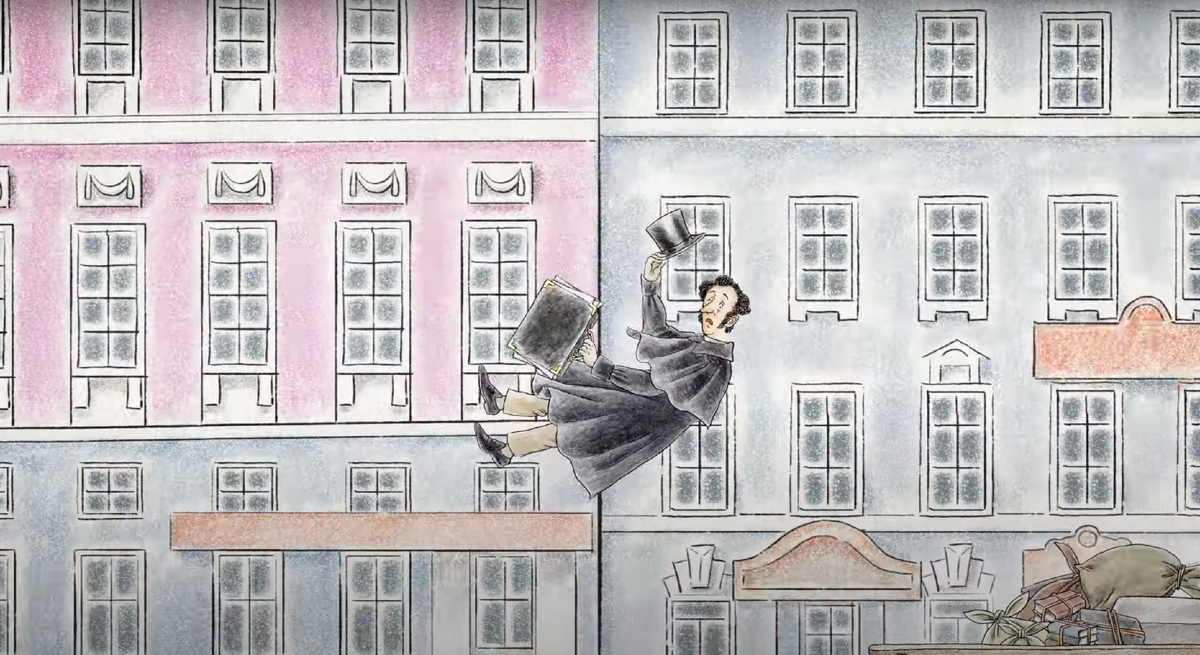 Кадр из заставки первого сезона мультсериала «Пушкин и... Михайловское»: поэт мимо петербургских фасадов летит в телегу, которая везет его в изгнание