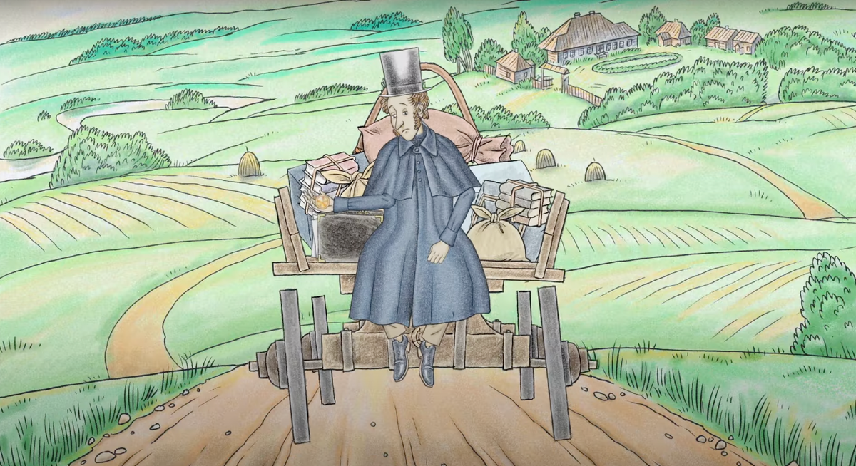 Кадр из заставки первого сезона: Пушкин в телеге на фоне пейзажей Михайловского