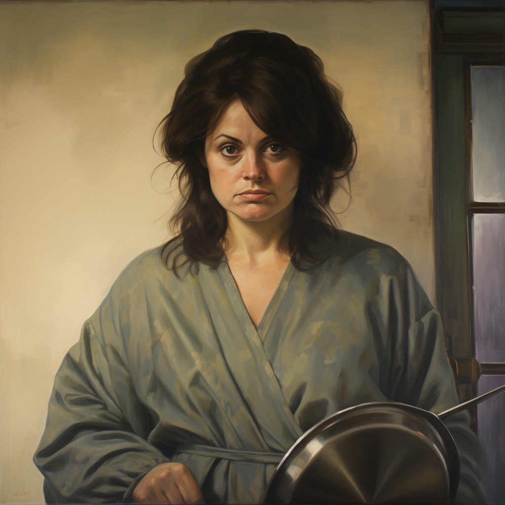 Татьяна со сковородкой в руке. Нейросеть Midjourney.