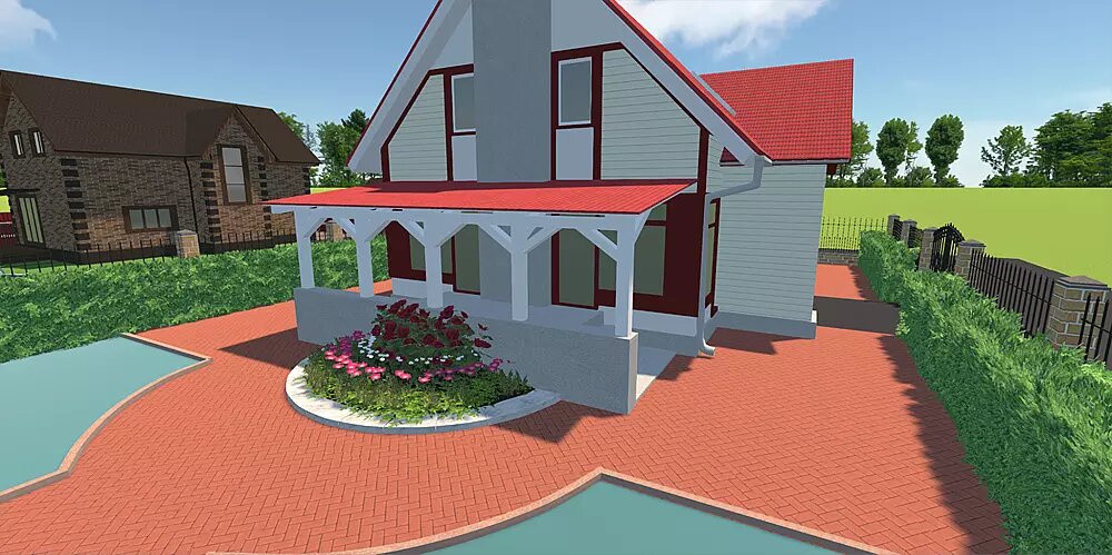 Крыльцо с верандой со стороны заднего двора — проект сделан в программе Ландшафтный Дизайн 3D