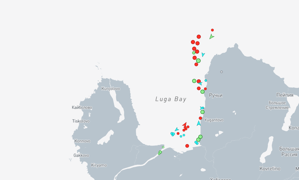 Такова текущая обстановка в акватории Лужской губы. Красные - танкеры.