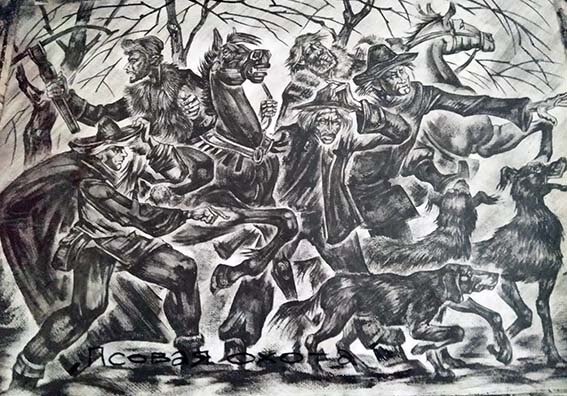 Григоров Олег "Псовая охота" 65х55 бумага граттаж
