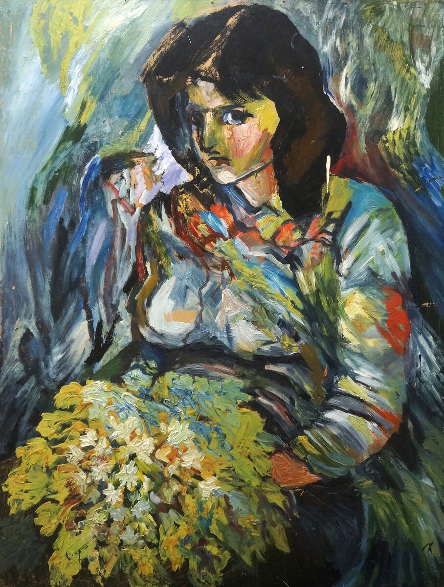 Хабаров Лев "Испуганная девушка" 78,5х59,5 оргалит масло 2001 г