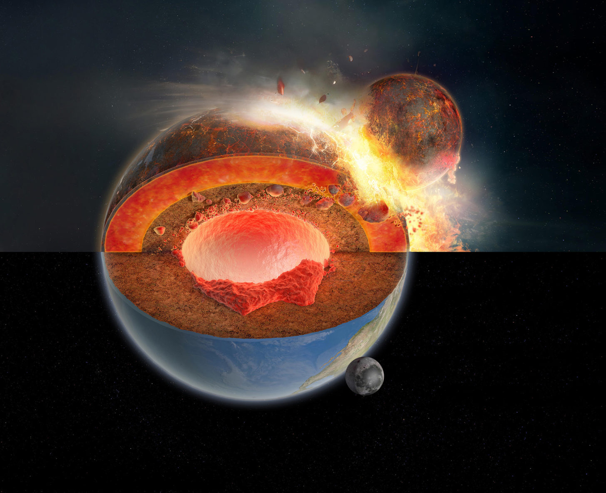 Иллюстрация показывает, как осколки Тейи накапливались в недрах Земли, формируя сохранившиеся до наших дней неоднородности в мантии. Credit: DENG Hongping and Hangzhou Sphere Studio