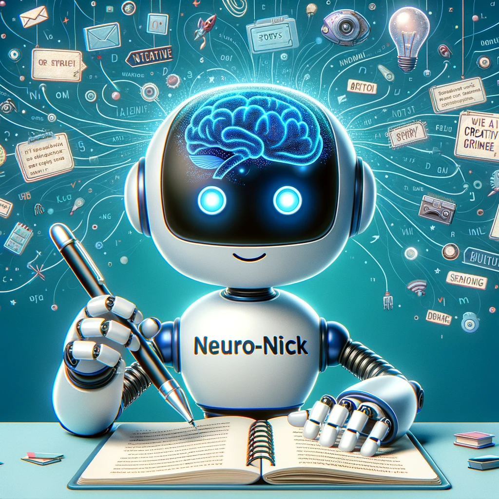 Нейро-Ник пишет стихи с помощью ИИ, в окружении летающих слов и стихов