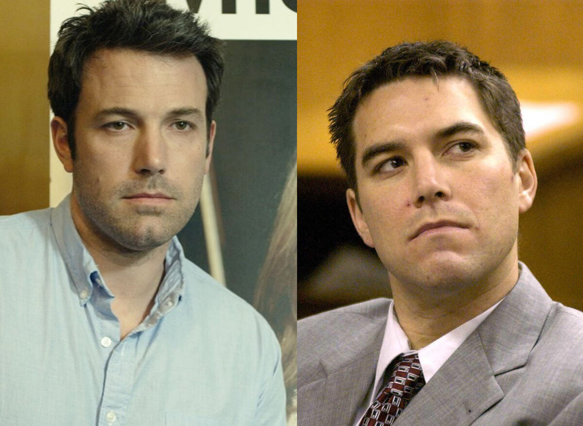 Бэн Аффлек в фильме "Исчезнувшая" 2014 г. и Скотт Петерсон на суде