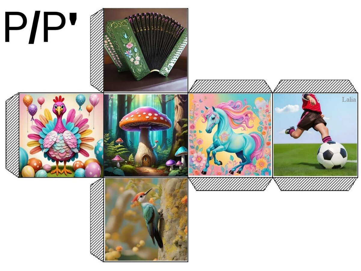 "Гармошка", "Индюк", "Грибок", "Лошадка", "Футбол", "Дятел"