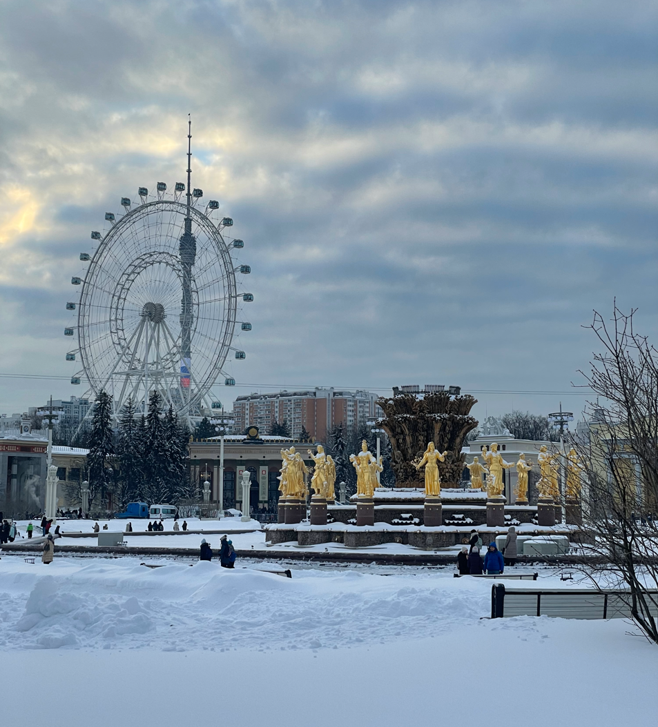 Самое большое колесо обозрения Европы, Останкинская телебашня и главный фонтан ВДНХ. Январь 2024 года. Здесь и далее все фото автора.
