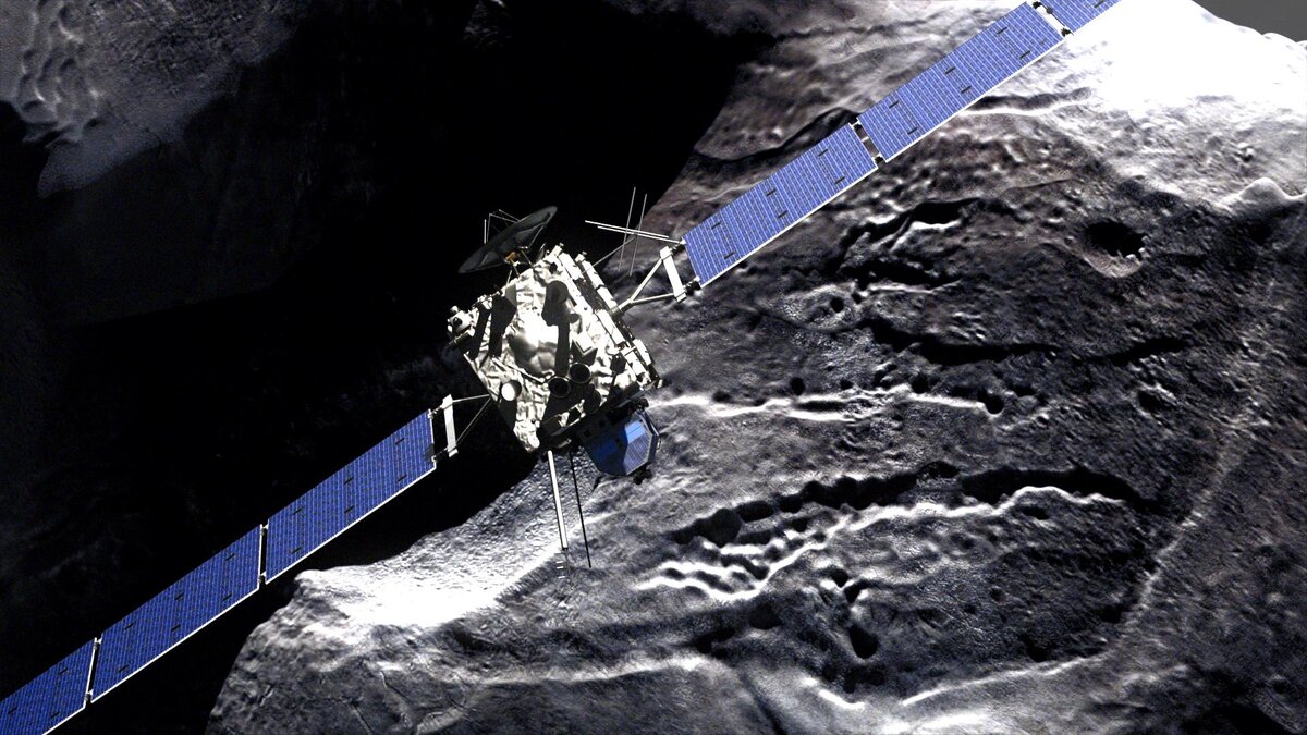 Пролёт зонда «Розетта» близ кометы (кадр из фильма Chasing a Comet — The Rosetta Mission).
