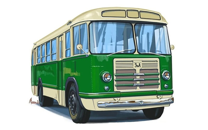 Художник: Антон Маренцев. Автобус ЗиЛ-158, 1957 г. Из своего детства я помню эти машины в бело-синей раскраске.