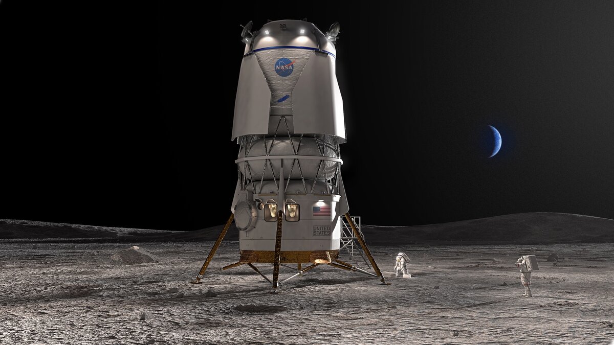 Посадочный модуль Blue Moon от компании Blue Origin доставит астронавтов в миссии Artemis-5 через год после беспилотной испытательной миссии. Источник: Blue Origin  📷
